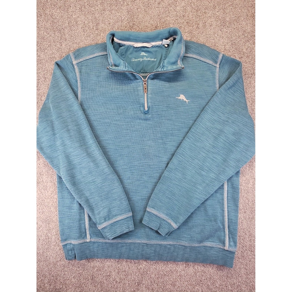 Tommy Bahama Sweatshirt Mens L Teal 1/4 Zip Logo Knit Pullover 1749